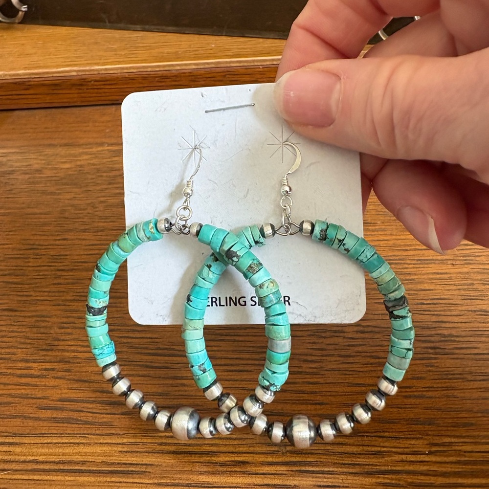 Turquoise and Silver Hoop Earrings, Native American made